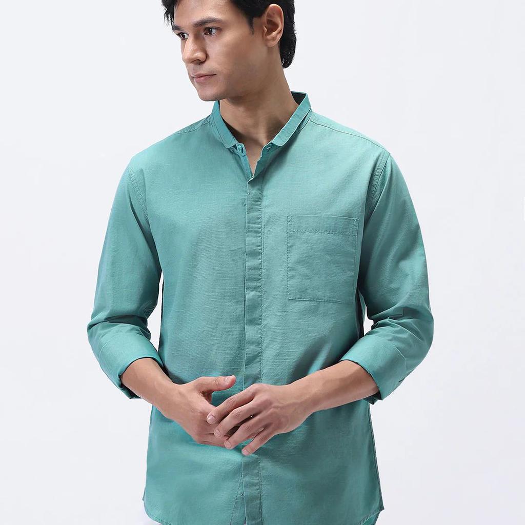 Men's Light Teal Cotton Full Sleeve Regular Fit Casual Solid Shirt with Band Collar
