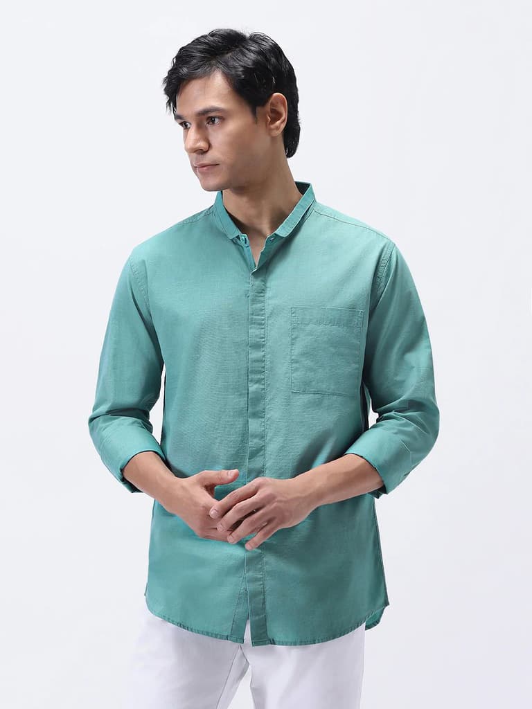 Men's Light Teal Cotton Full Sleeve Regular Fit Casual Solid Shirt with Band Collar — S / Light Teal