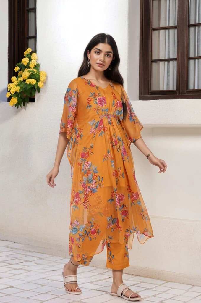 Orange Floral Printed Sequined Flared Chiffon Kaftan with Pant Set — photo 4