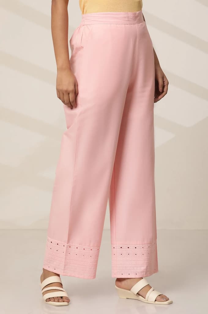 Pink Embroidered Straight Fit Cotton Palazzo With Elasticated Waist — photo 2