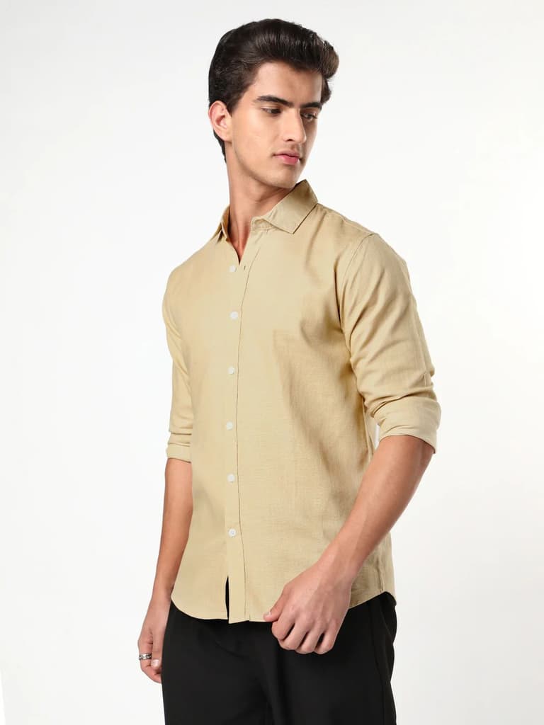 Men's Beige Linen Blend Full Sleeve Relaxed Fit Casual Solid Shirt — photo 2