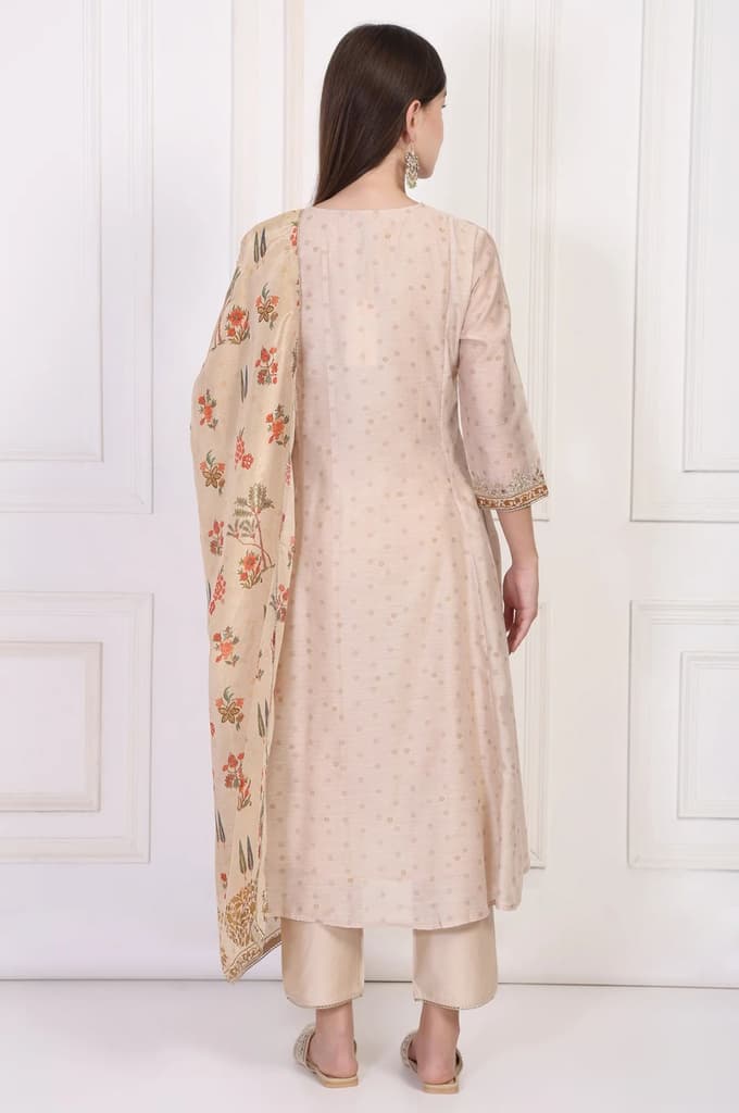 Beige Embroidered A-Line Chanderi Kurta with Straight Pant and Dupatta Set — photo 5