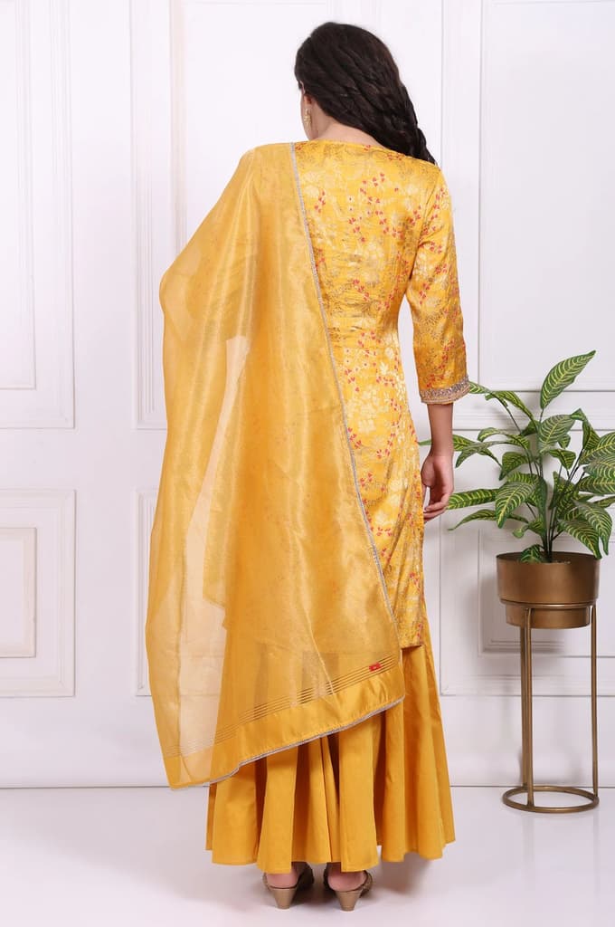 Yellow Embroidered Straight Jacquard Kurta with Sharara and Dupatta Set — photo 5