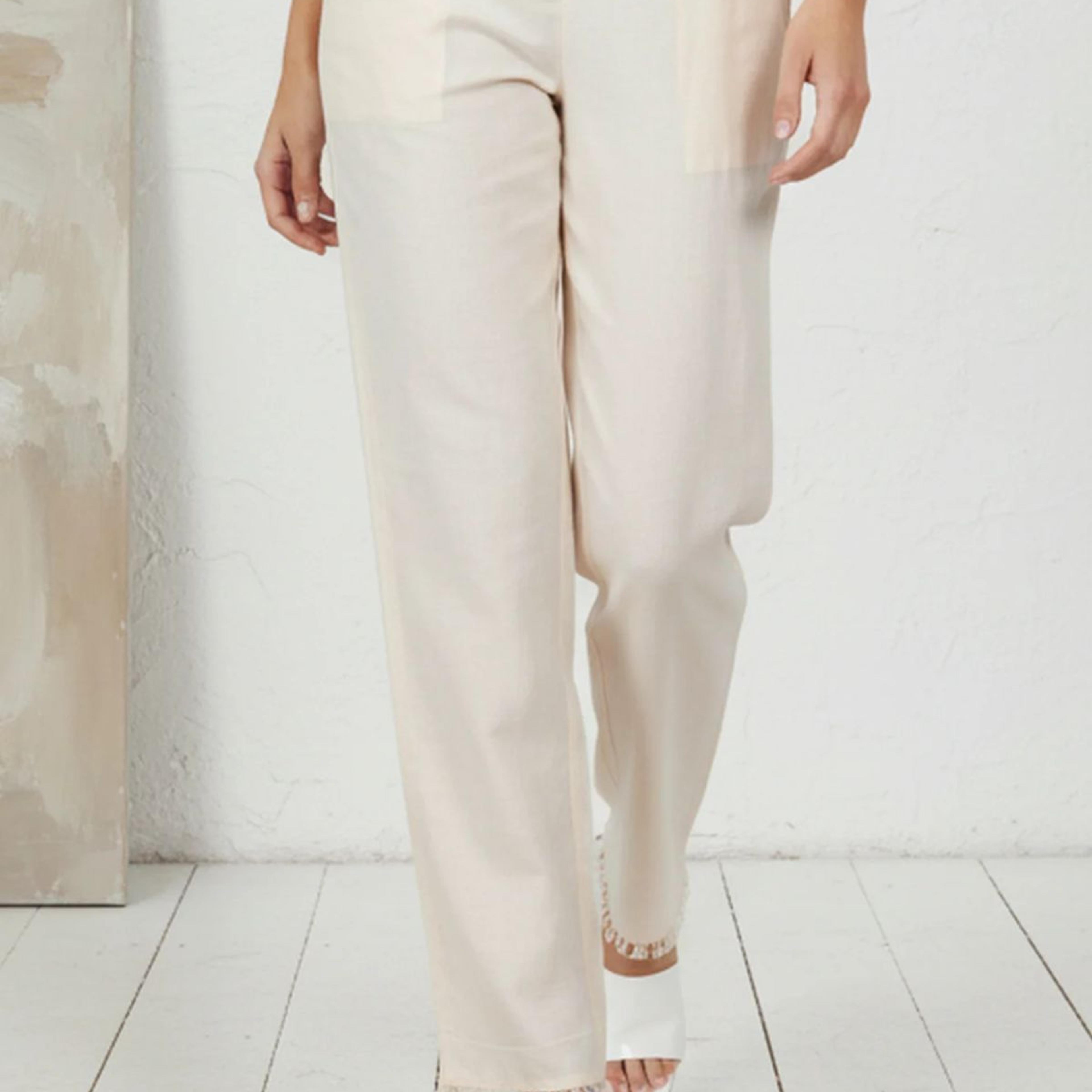 Off-White Solid Ankle Length Mid Rise Straight Pants