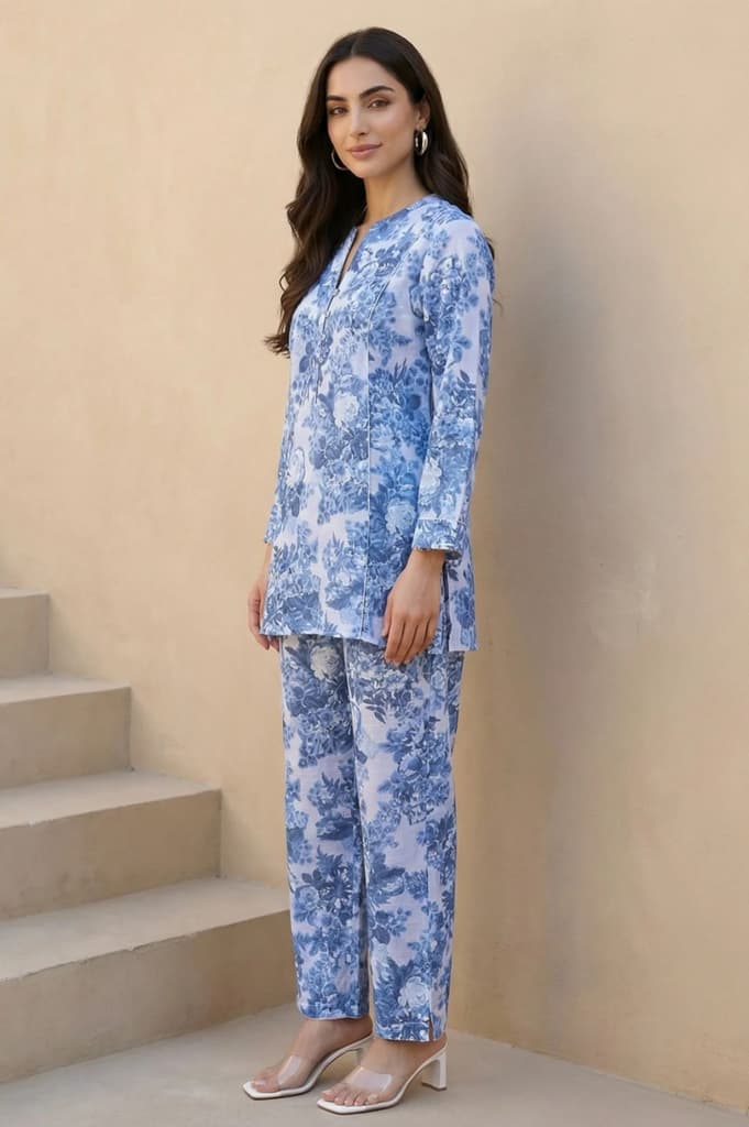 Blue Floral Printed Pure Cotton Straight Tunic with Pants Co-ord Set — photo 4