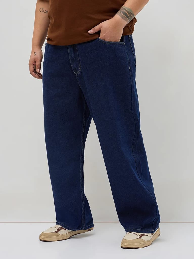 Plus Men's Dark Blue Loose Baggy Fit Raw Washed Denim Jeans Non-Stretchable — photo 2
