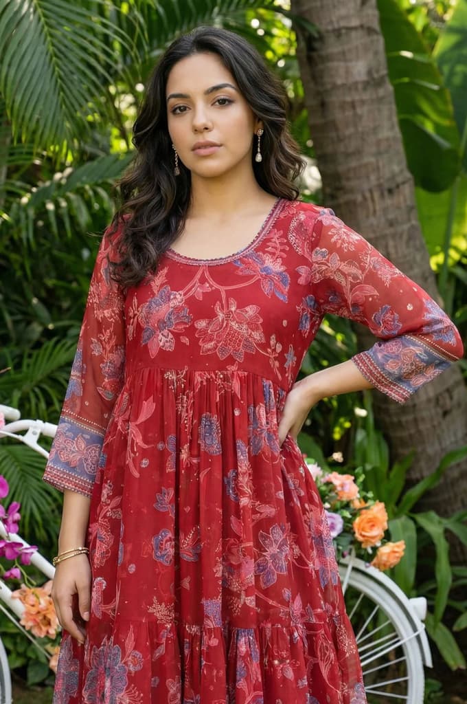 Red Floral Printed Chiffon Flared Kurta with Straight Pants and Dupatta Set — photo 3