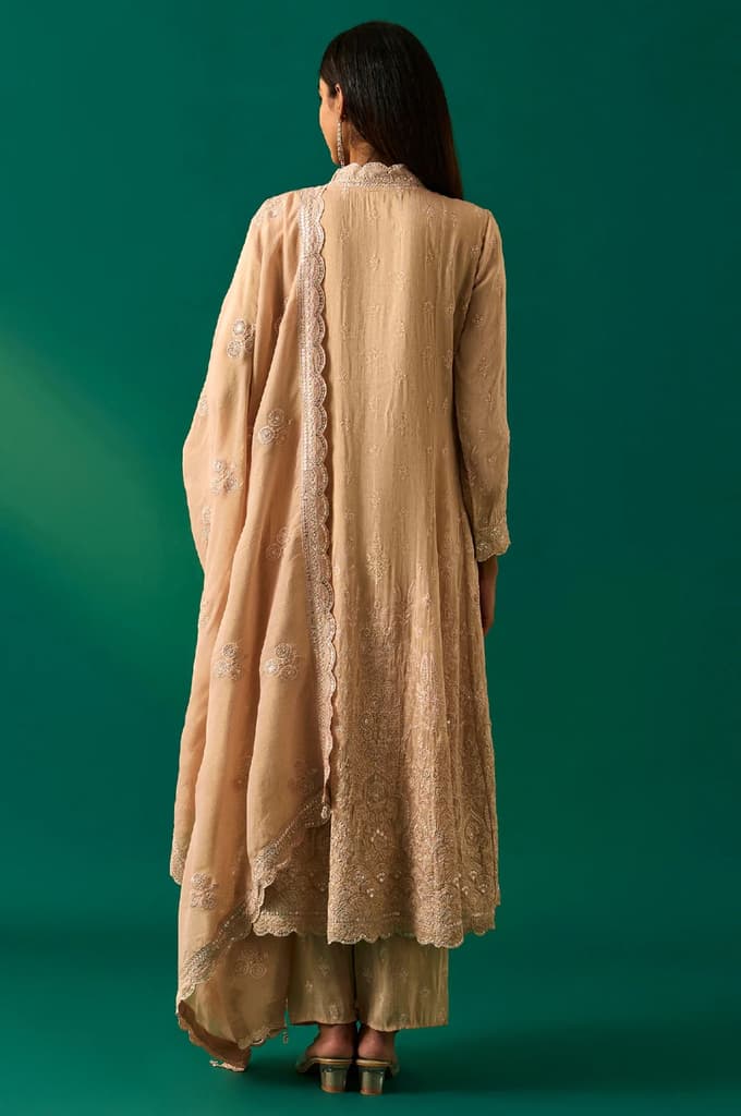 Beige Embroidered Anarkali Kurta with Straight Pant and Dupatta Set — photo 4
