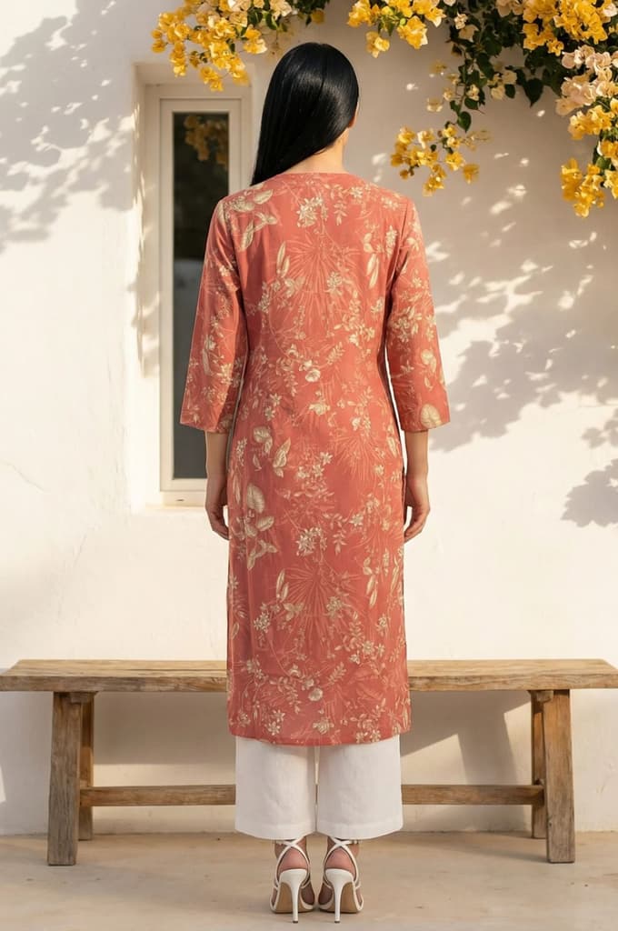 Rust Floral Printed Piping Detail Modal Straight Kurta — photo 4