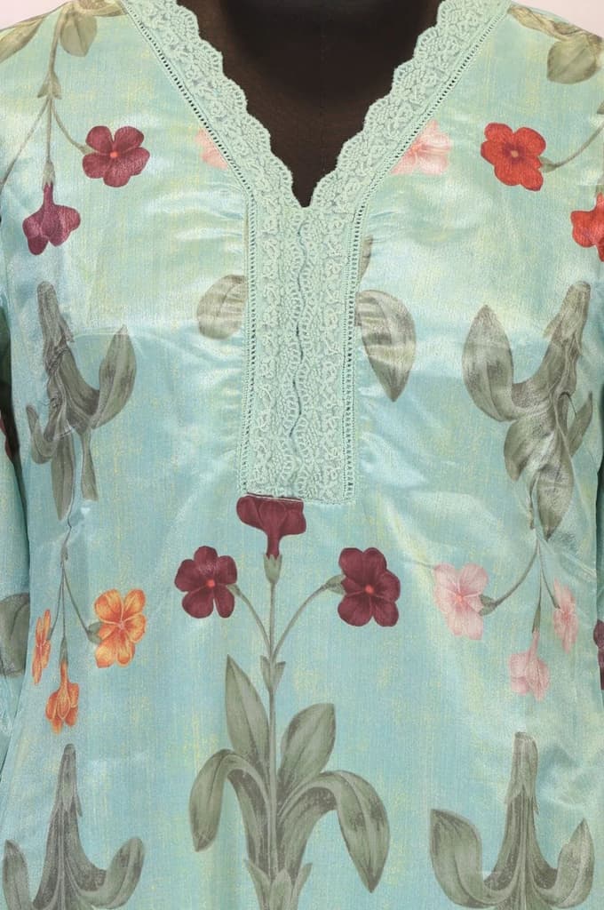 Sea Green Floral Printed Straight Kurta with Lace — photo 2