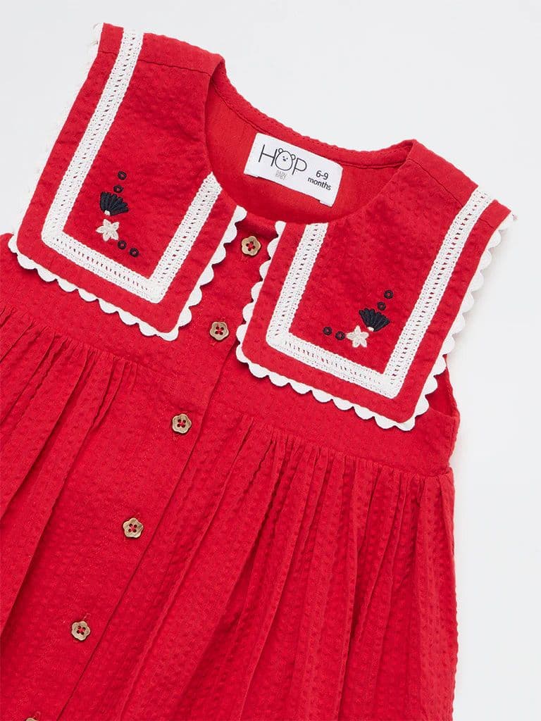 HOP Baby Girls Red Seersucker Textured A-Line Cotton Dress — photo 3
