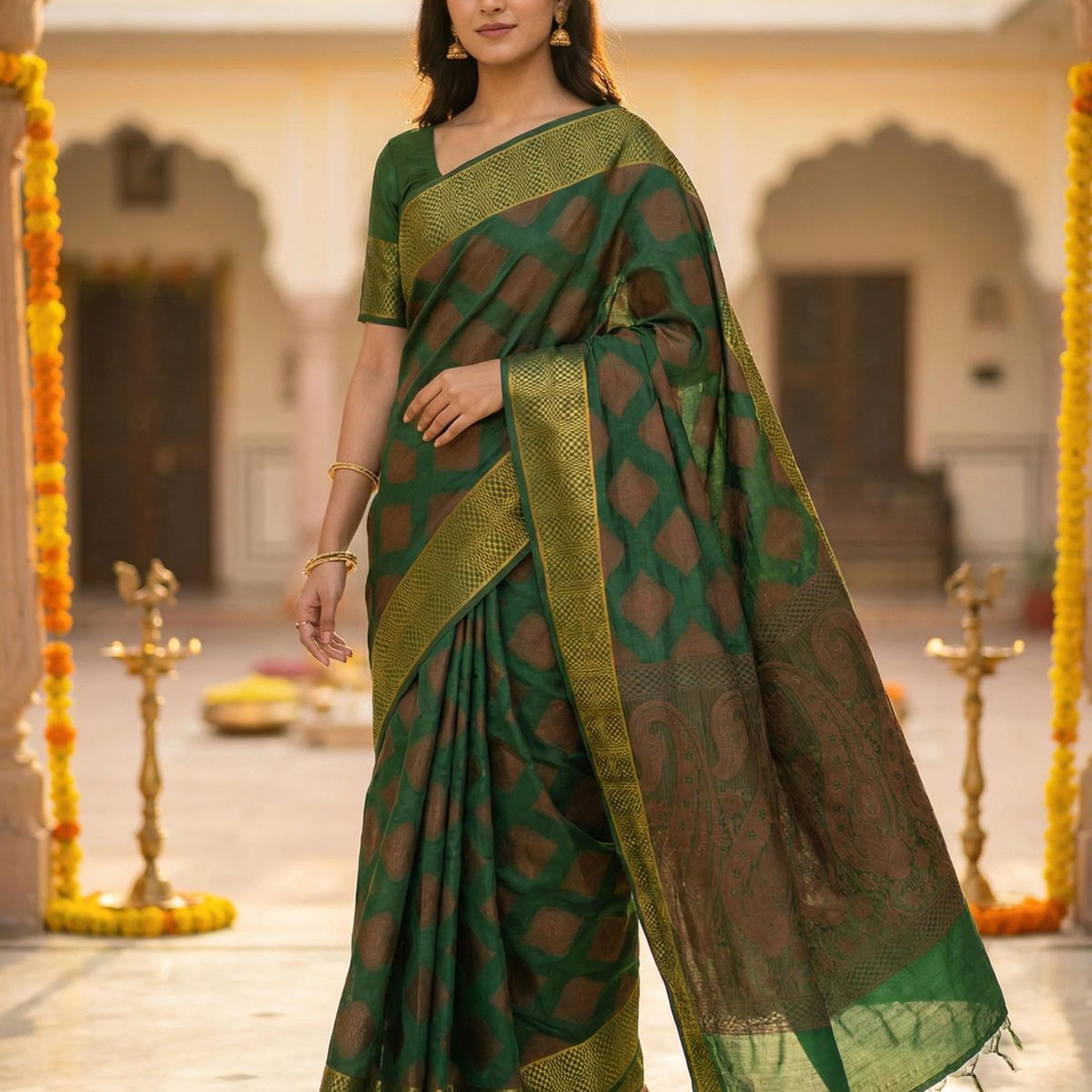 MIMOSA Women's Woven Design Banarasi Style Raw Silk Saree with Blouse Piece - Green ( SA00003130GRNFREE )