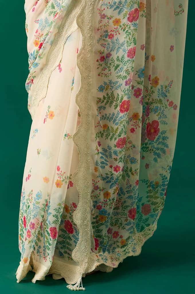 Off-White Floral Printed Embroidered Georgette Saree with Unstitched Blouse — photo 6