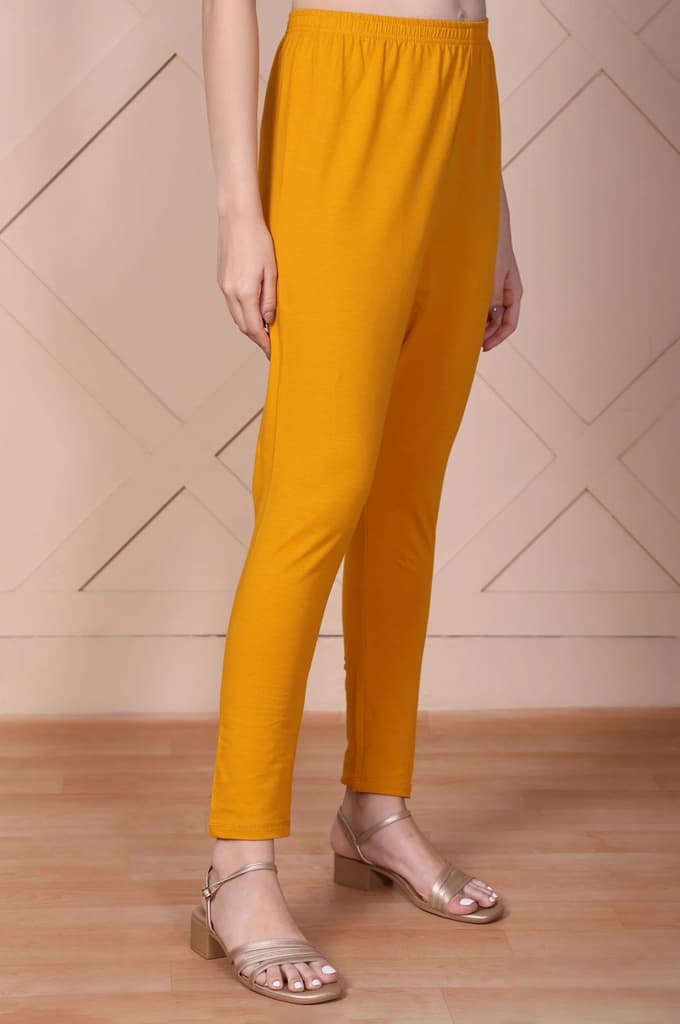 Mustard Solid High-Waisted Cotton Tights — photo 3