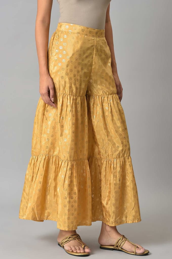 Gold Floral Printed Flared Silk Palazzo With Elasticated Waist — photo 4