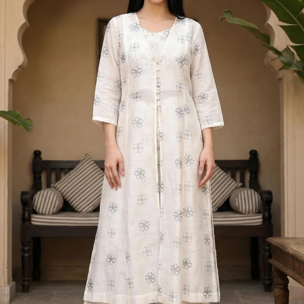 Off White Floral Printed Buttons Straight Top with Pants and Jacket Set