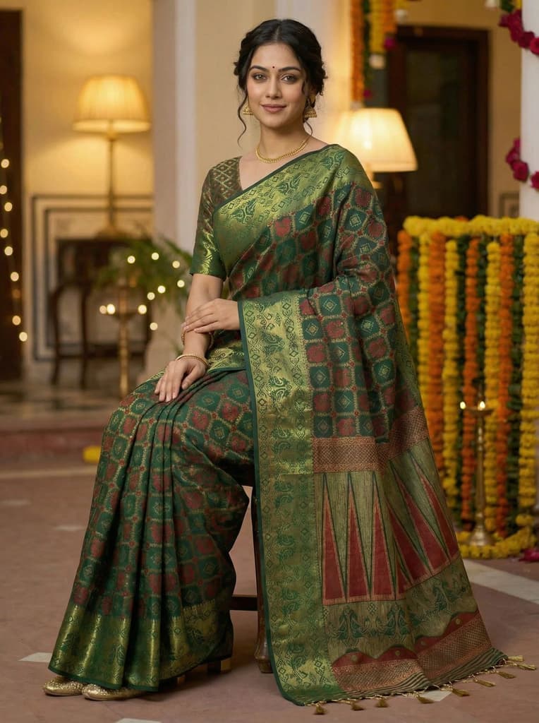 MIMOSA Women's Woven Design Patola Style Raw Silk Saree with Blouse Piece - Green ( SA00003139GRNFREE ) — photo 3