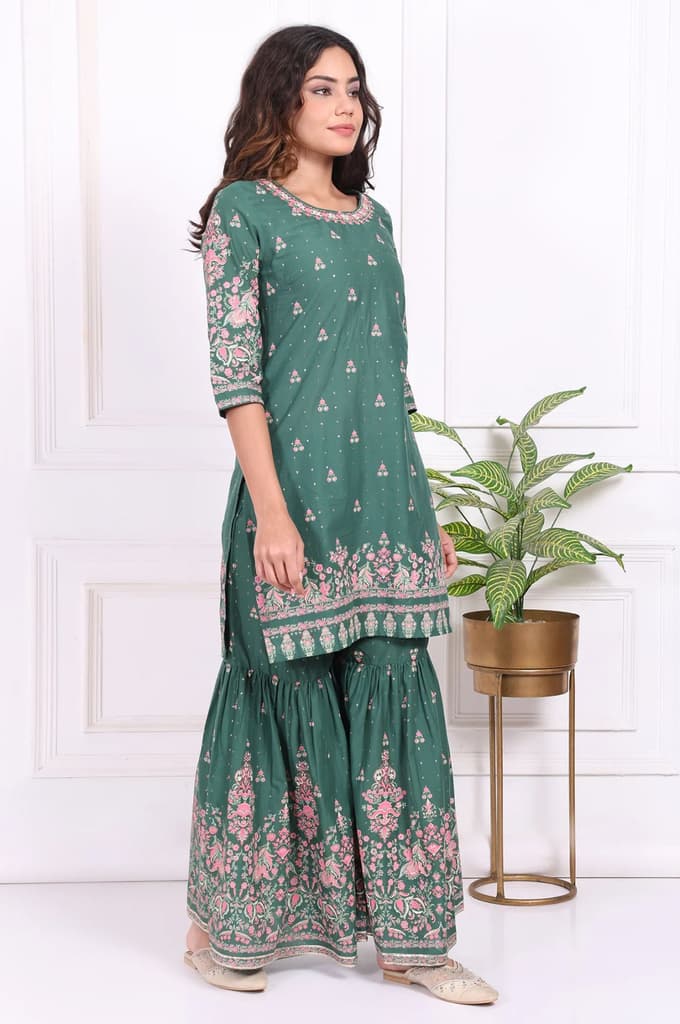 Green Floral Printed Embroidered Straight Cotton Kurta with Sharara and Dupatta Set — photo 6