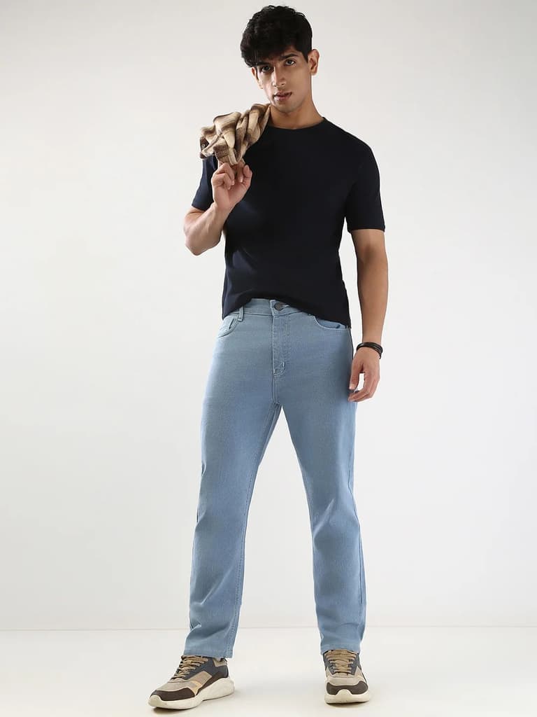 Men's Ice Blue Straight Fit Washed Jeans Stretchable — photo 4