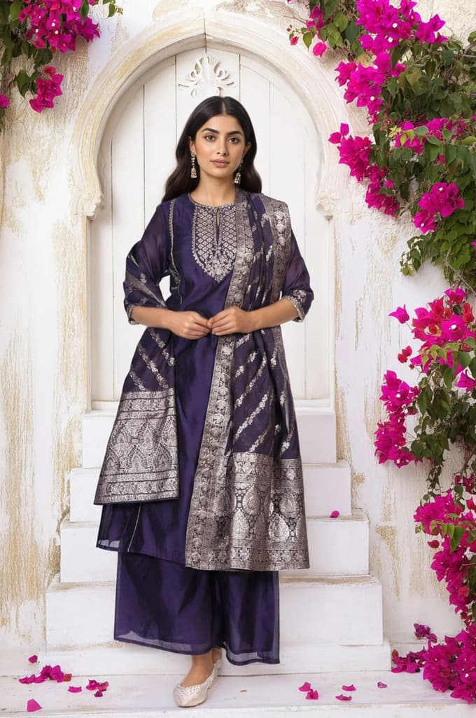 Purple Embroidered A-Line Chanderi Kurta with Flared Pant and Dupatta Set — photo 2