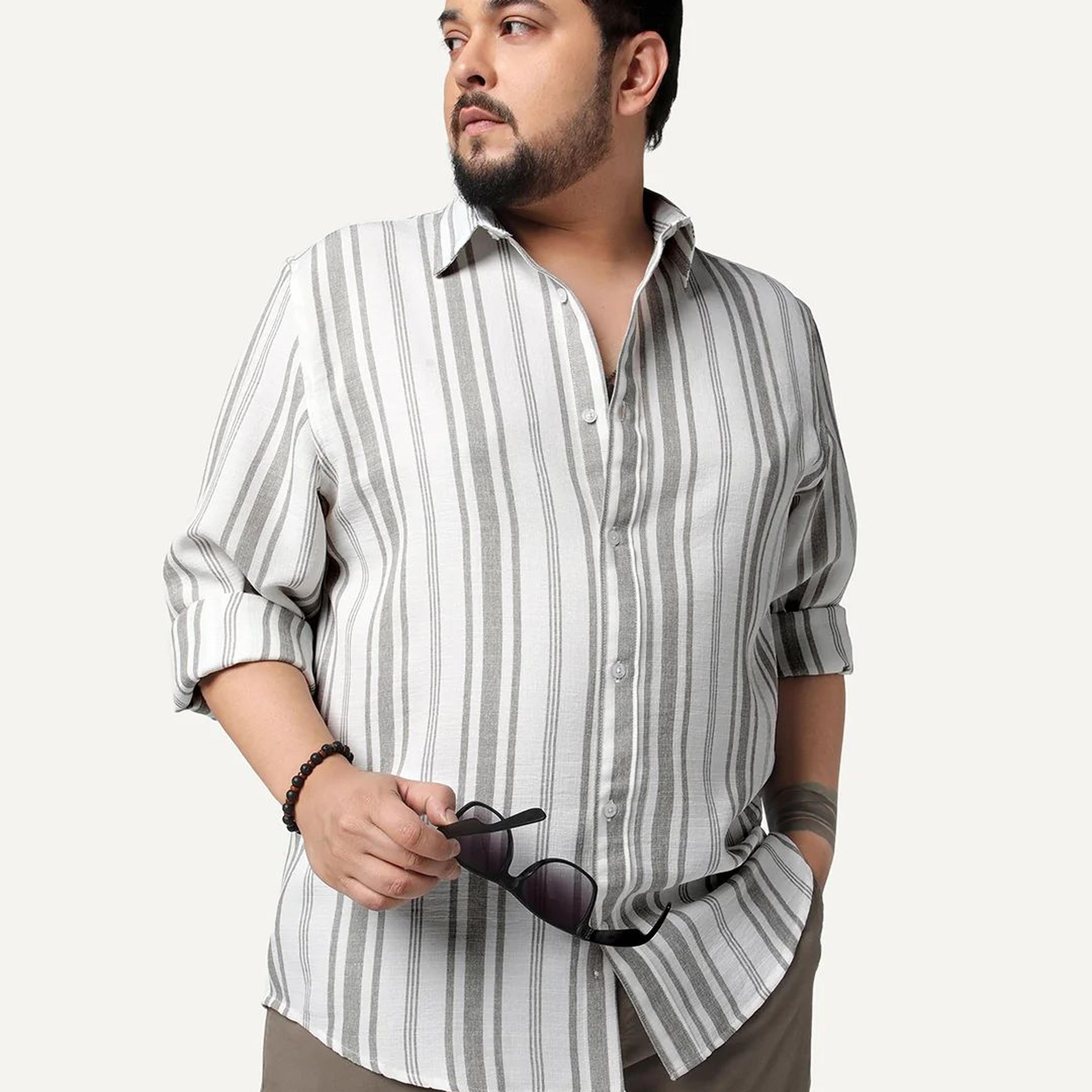 Plus Men's Grey Cotton Full Sleeve Relaxed Fit Linen Striped Shirt with Spread Collar