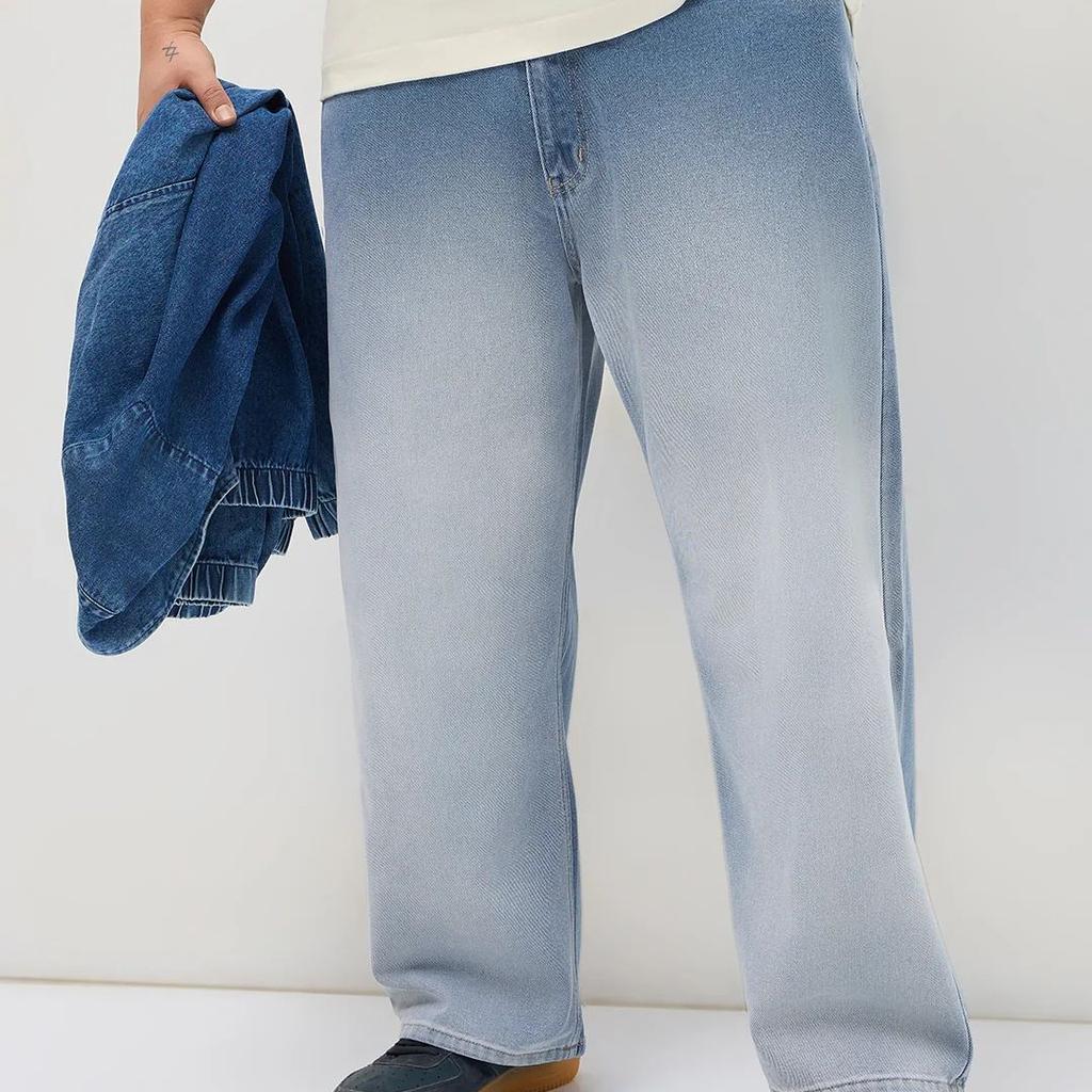 Plus Men's Light Blue Loose Baggy Fit Heavy Washed Faded Denim Jeans Non-Stretchable