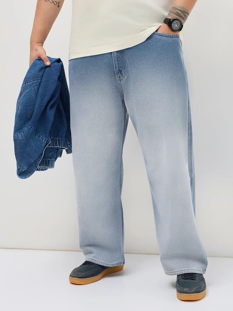 Plus Men's Light Blue Loose Baggy Fit Heavy Washed Faded Denim Jeans Non-Stretchable — 36 / Light Blue
