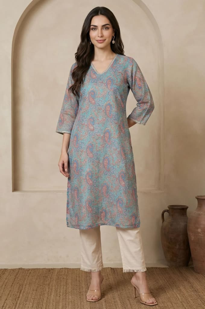 Turquoise Blue Ethnic Motifs Lace Kota Straight Kurta — photo 3