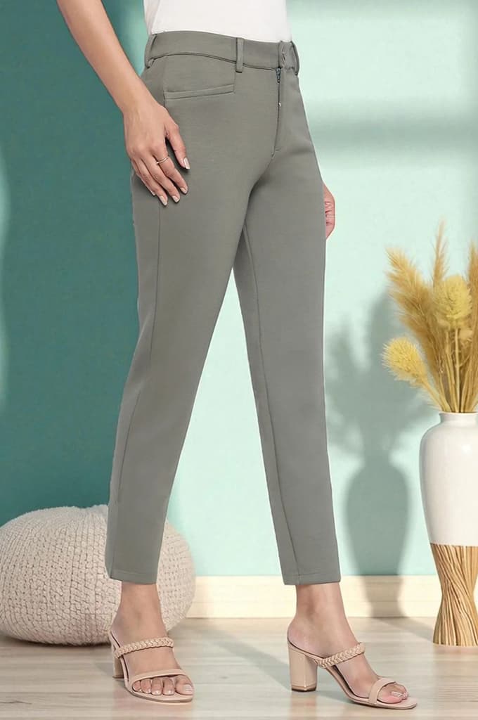 Green Solid Mid Rise Trouser in Ankle Length — photo 3