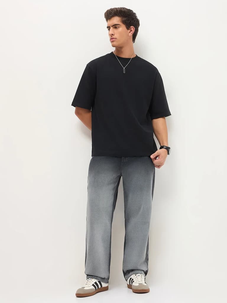 Men's Dark Grey Loose Baggy Fit Heavy Washed Faded Denim Jeans Non-Stretchable — photo 4