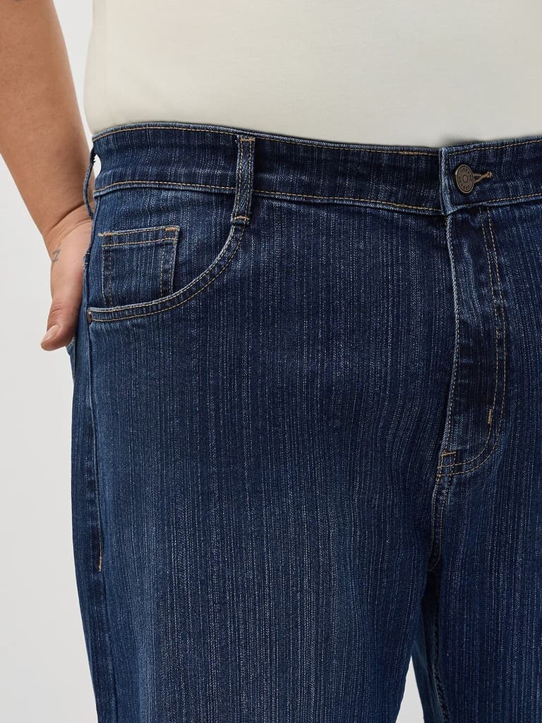 Plus Men's Blue Straight Fit Washed Denim Jeans Stretchable — photo 5