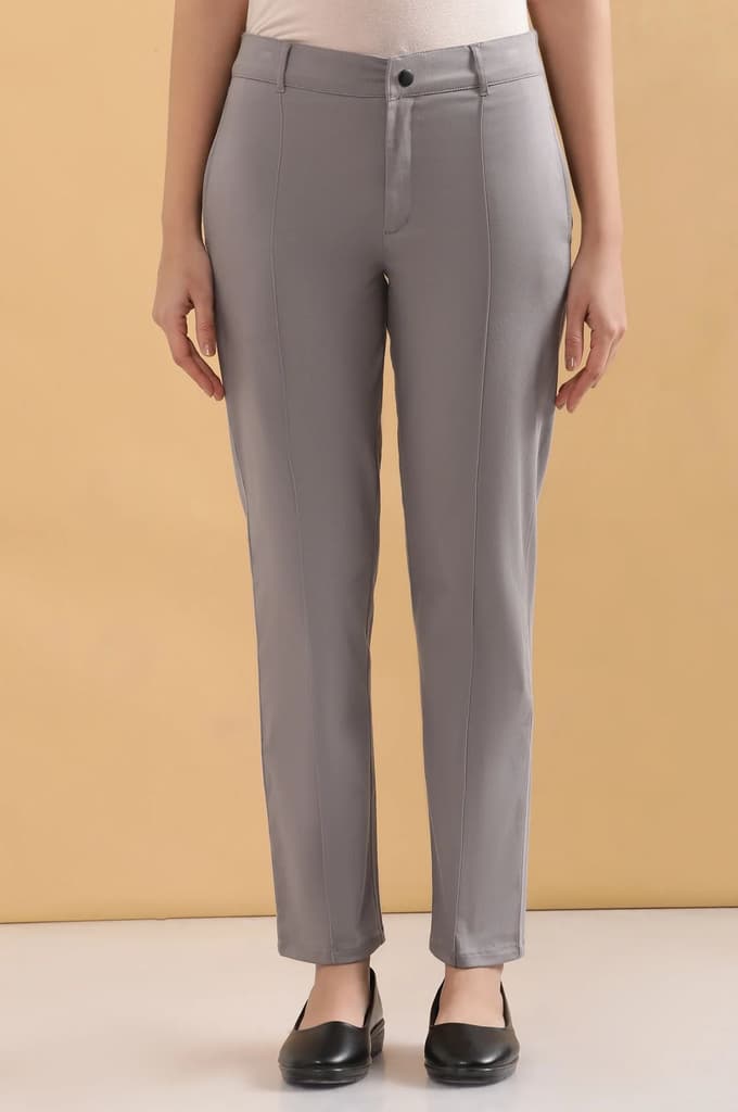 Grey Solid Straight Fit Cotton Pants With Pintuck Detail — photo 2