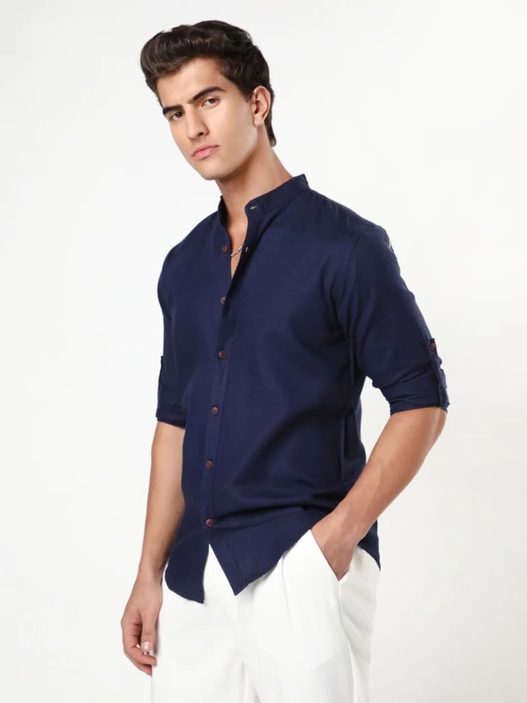 Men's Navy Linen Blend Full Sleeve Relaxed Fit Mandarin Collar Casual Solid Shirt — photo 2