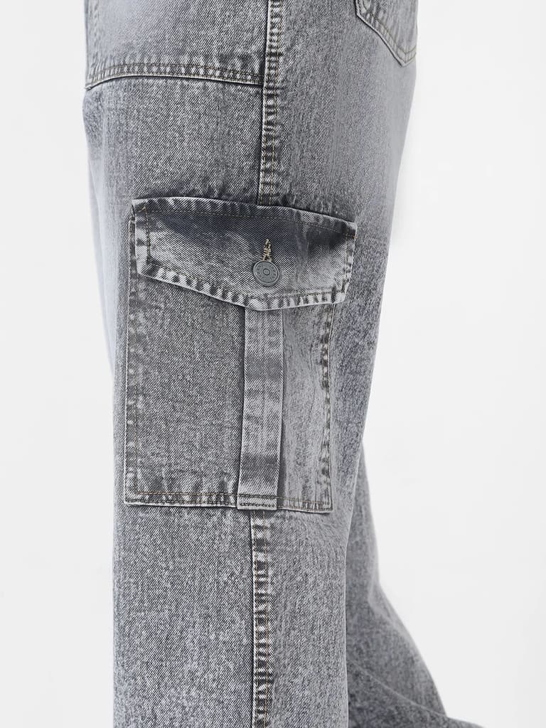 Men's Ice Grey Loose Fit Cargo Jeans With 6 Pockets Non Stretchable — photo 5