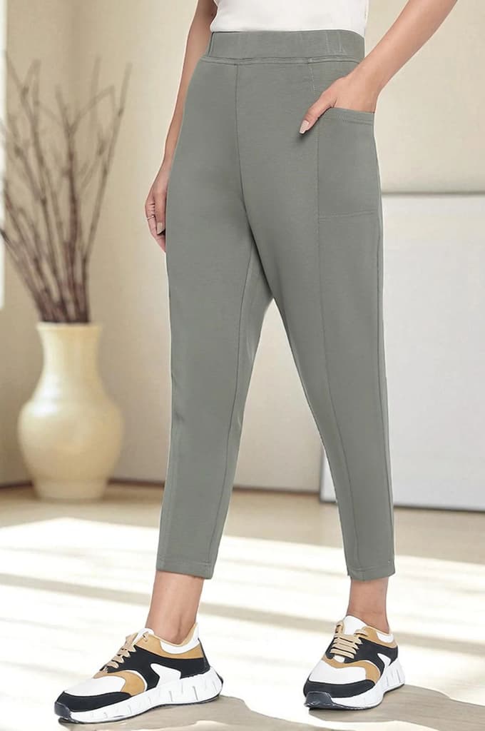 Green Solid Mid Rise Tights in Calf Length — photo 5