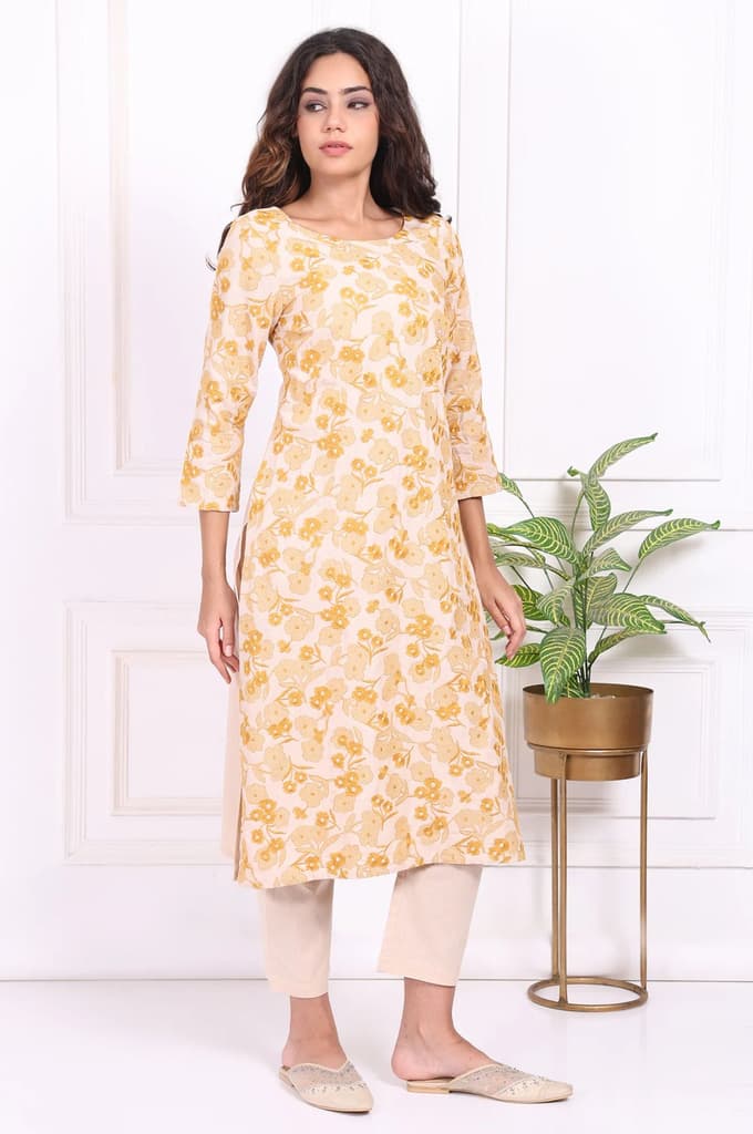 Yellow Floral Embroidered Straight Rayon Kurta and Straight Pant Set — photo 6
