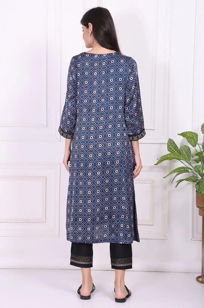 Navy Blue Geometric Printed Embroidered Modal Satin Straight Kurta — photo 5