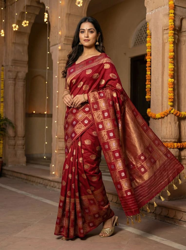MIMOSA Women's Woven Design Banarasi Style Chiffon Saree with Blouse Piece - Maroon ( SA00003124MRFREE ) — Default Title