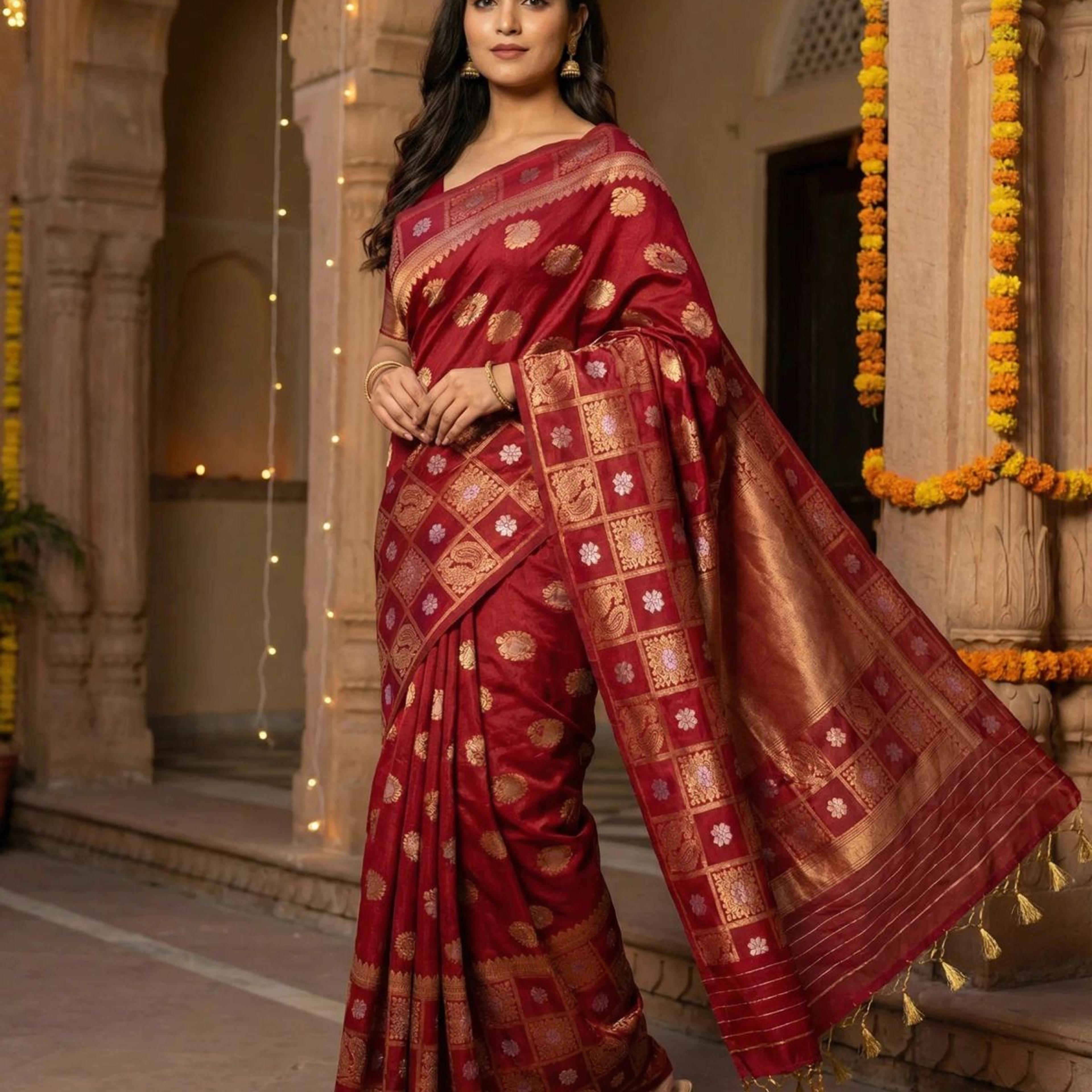 MIMOSA Women's Woven Design Banarasi Style Chiffon Saree with Blouse Piece - Maroon ( SA00003124MRFREE )