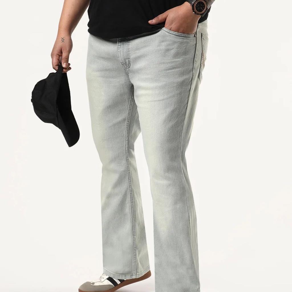 Plus Men's Ice Grey Bootcut Fit Mid Rise Tinted Heavy Washed Jeans Stretchable