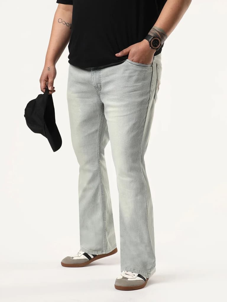 Plus Men's Ice Grey Bootcut Fit Mid Rise Tinted Heavy Washed Jeans Stretchable — 36 / Ice Grey