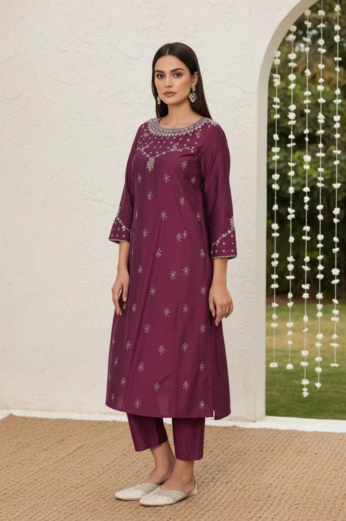 Wine Embroidered Straight Silk Blend Kurta with Straight Pant and Dupatta Set — photo 4