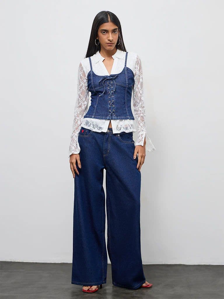 Nuon Dark Blue Corset-Style Denim Top — photo 2