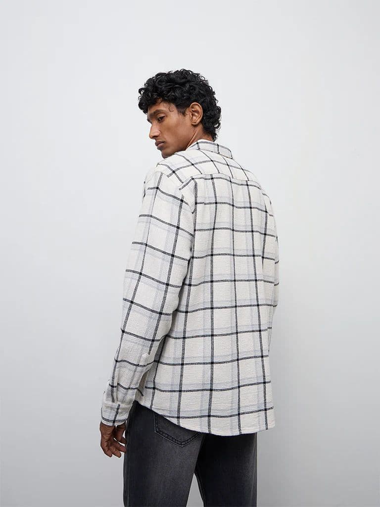 WES Casuals Off-White Checkered Relaxed-Fit Cotton Shirt — photo 4