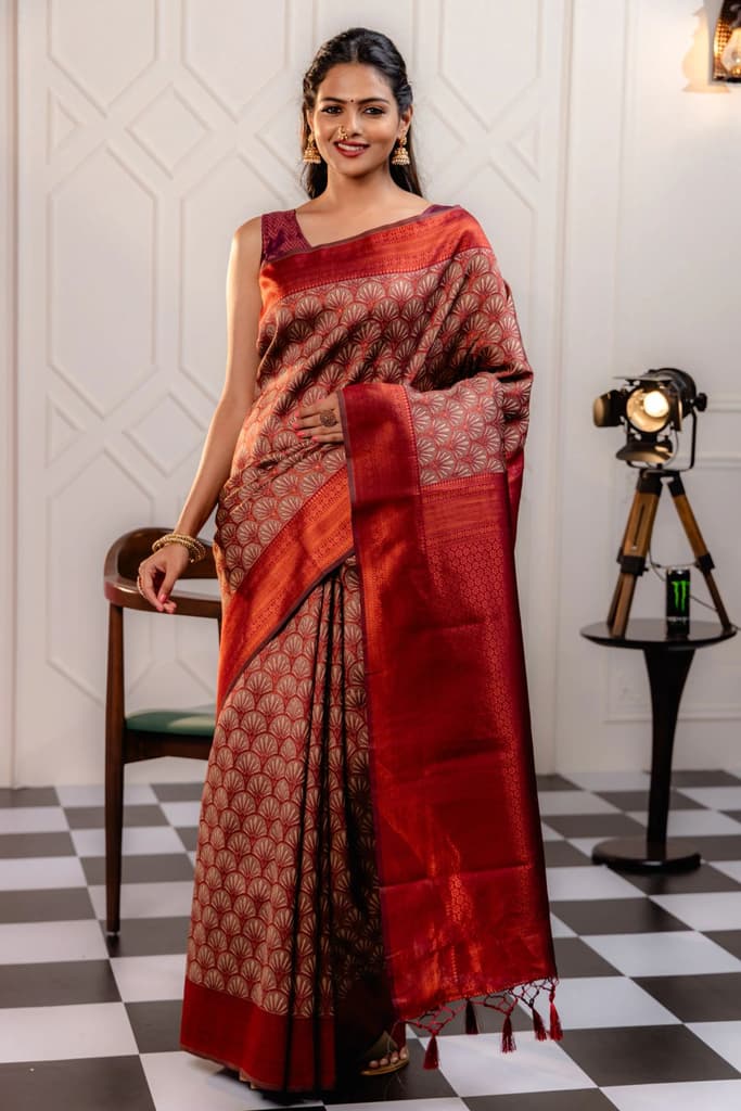 Mimosa Women's Woven Design Kanjivaram Style Art Silk Saree With Blouse Piece : SA00001790MRFREE — Maroon