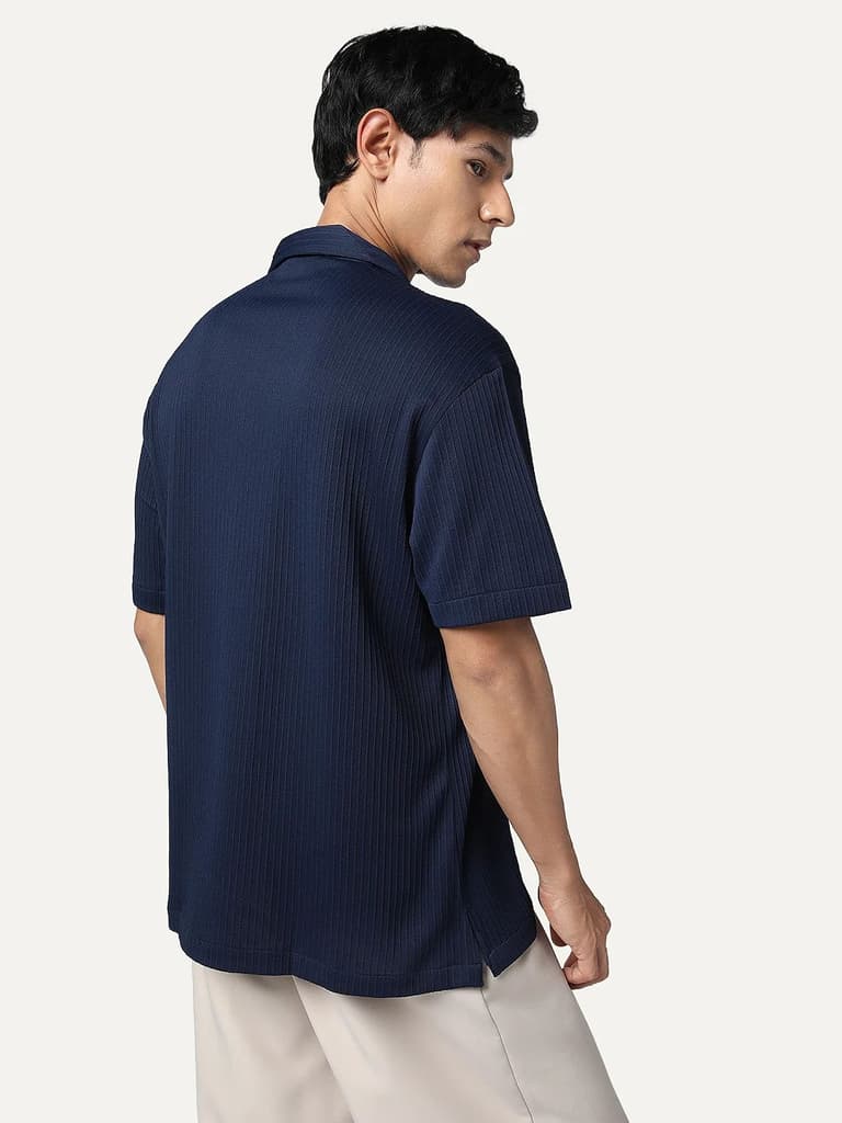 Men's Navy Cotton Half Sleeve Oversized Fit Textured Shirt with Cuban Collar — photo 3