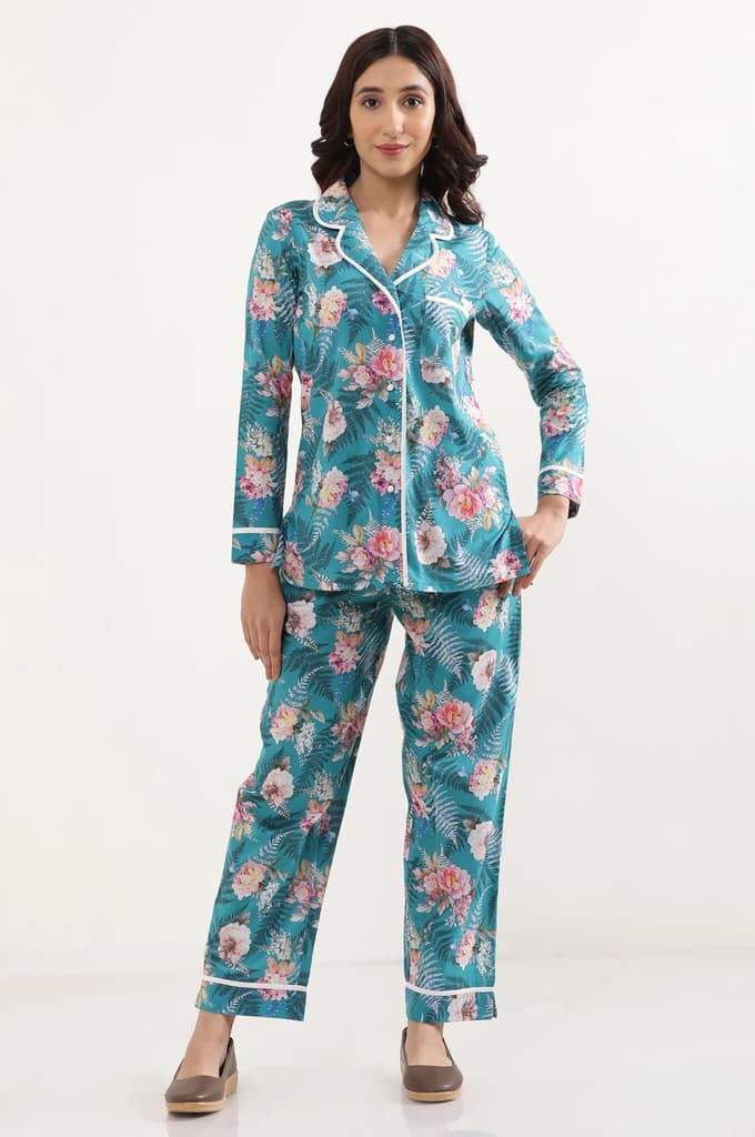 Green Floral Printed Straight Fit Cotton Palazzo With Elasticated Waist — photo 3