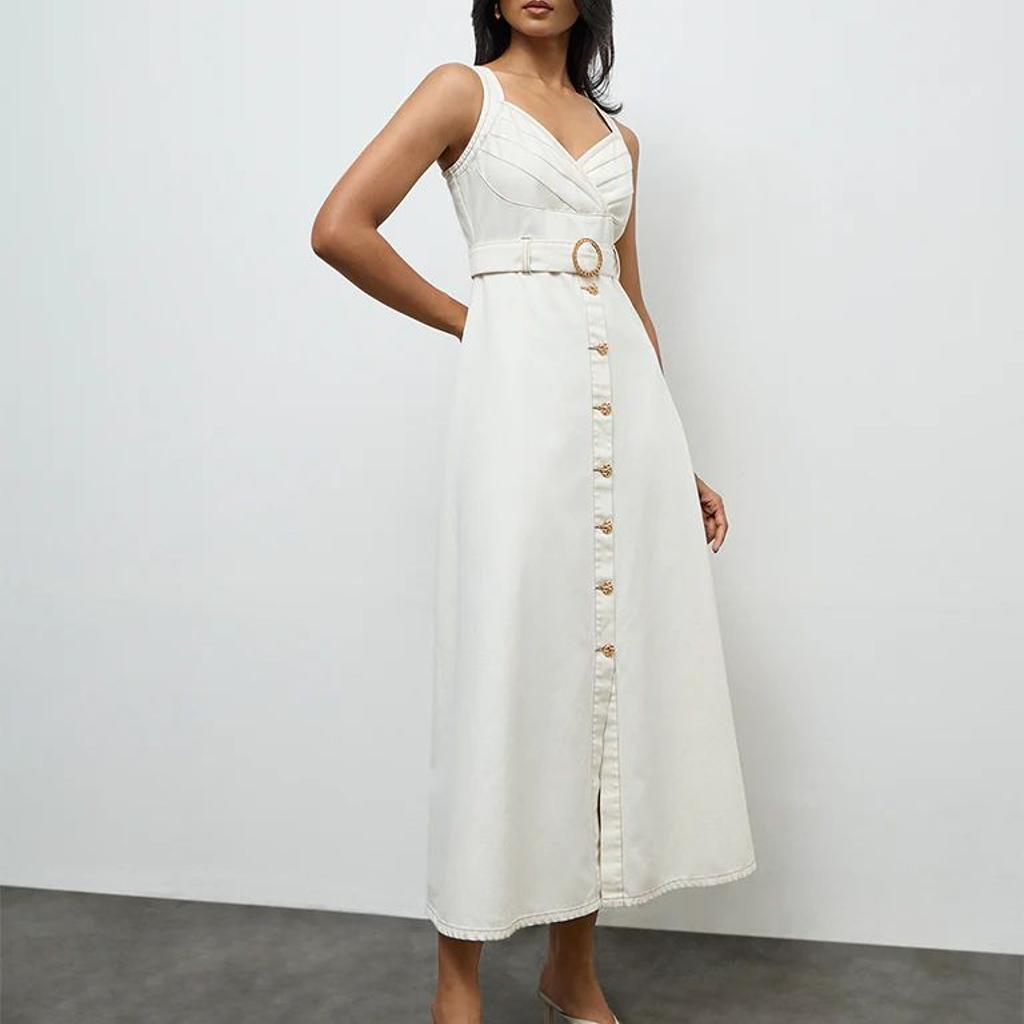 LOV Off-White Denim A-Line Dress with Belt