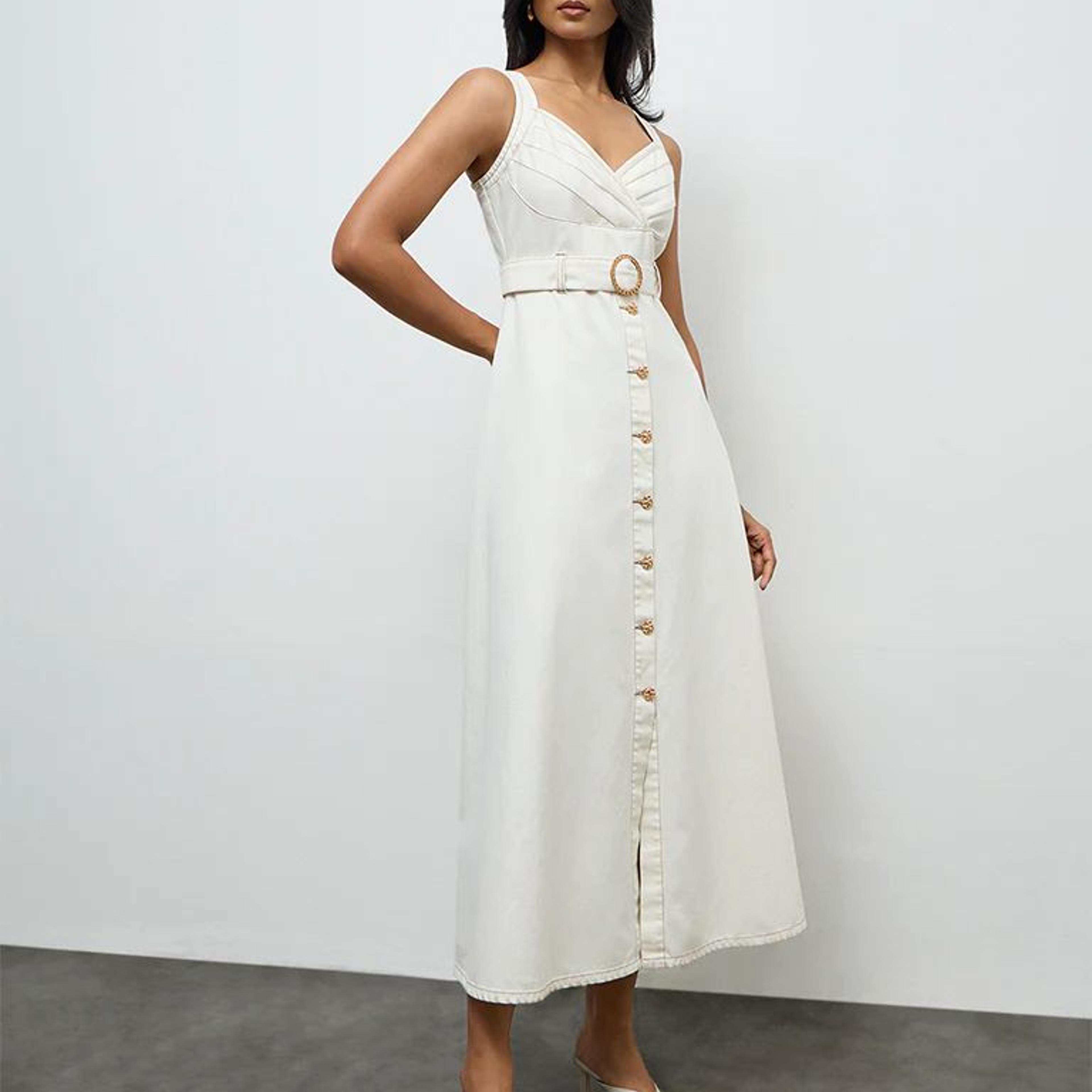LOV Off-White Denim A-Line Dress with Belt