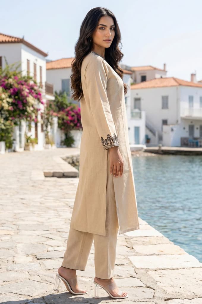 Beige Embroidered Rayon Straight Kurta with Pants Set — photo 3